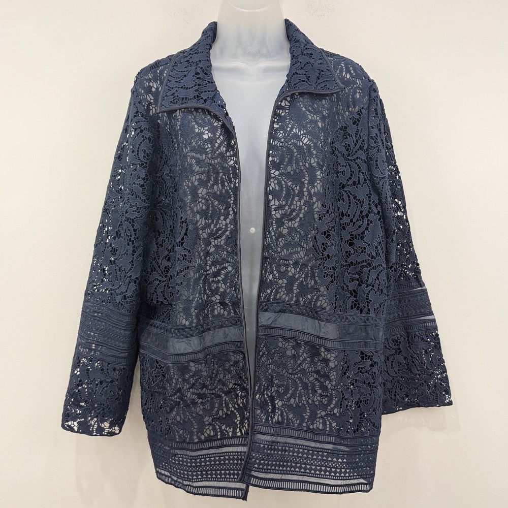 Chicos Lace Jacket 3/XL Navy Feminine Event Church Classic Elegant Open Front